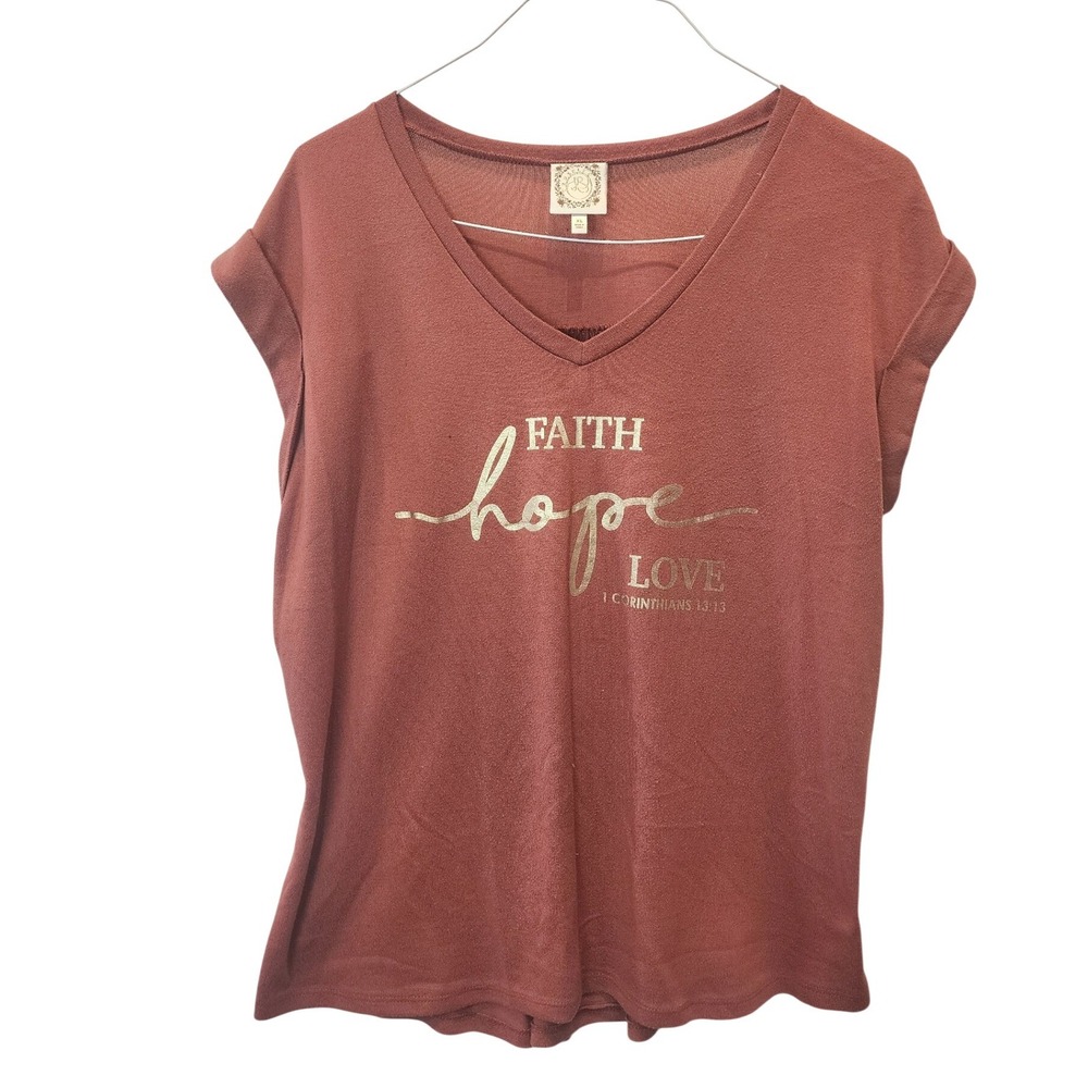 Trueself‎ Graphic Tee Women XL Rust Red Faith Hope Love Cuffed Sleeve Casual Vtg